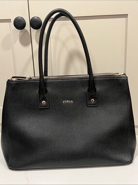 Furla Black Saffiano Leather Satchel with Gold Hardware